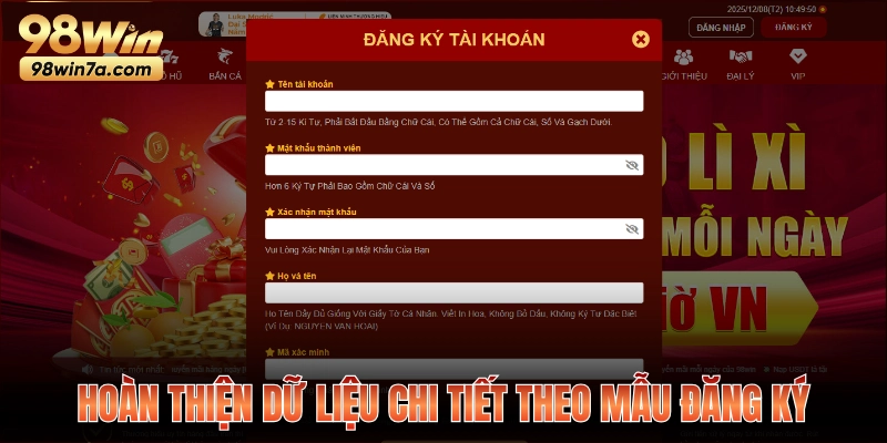 Hoàn thiện dữ liệu chi tiết theo mẫu đăng ký