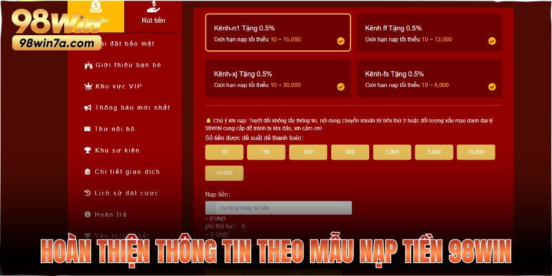 Hoàn thiện thông tin theo mẫu nạp tiền